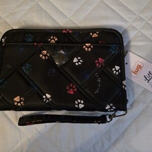 Lug Zeppelin 2 RFID Wristlet Wallet Black Wristlet with Multicolor Paw Prints